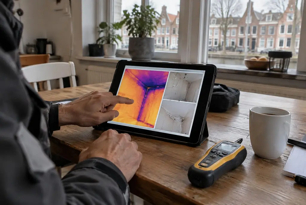 Lekdetectie Hoogeveen – lekdetectierapport met warmtebeelden en foto's op een tablet