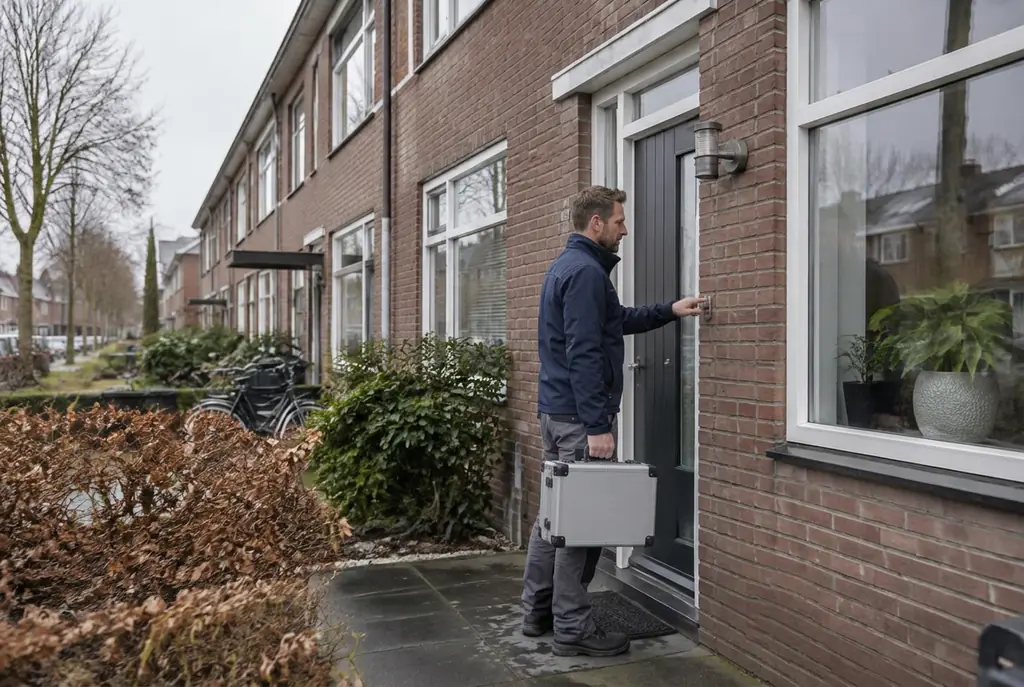 Lekdetectiespecialist met meetkoffer bij de voordeur van een woning in Hoogeveen